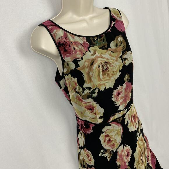 VTG Talbots Petites Pure Silk Dress 10P Black Dark Floral Sheath Whimsigoth 90S - Picture 2 of 13